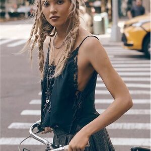 Free People Elegant Black Lace Trim Cami Top